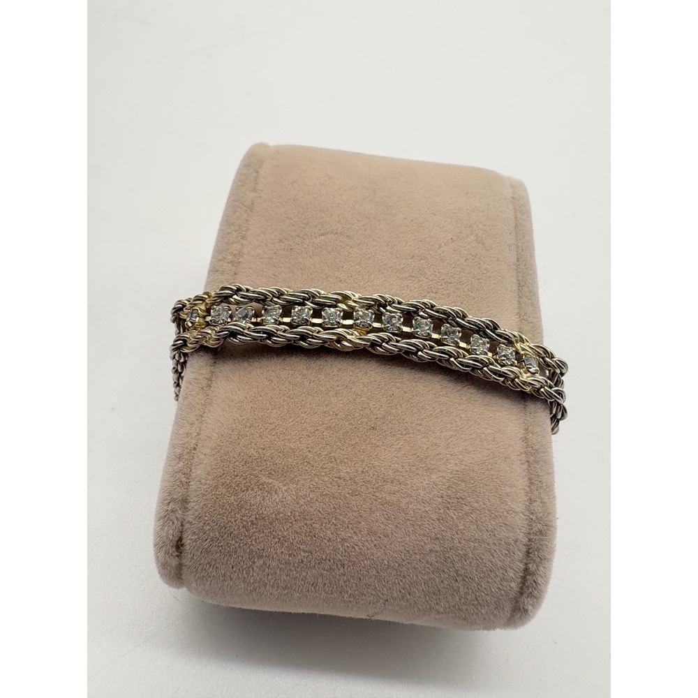 Two Tone Rope Chain Bracelet Gold Silver Rhinestone Layered 7 Inch